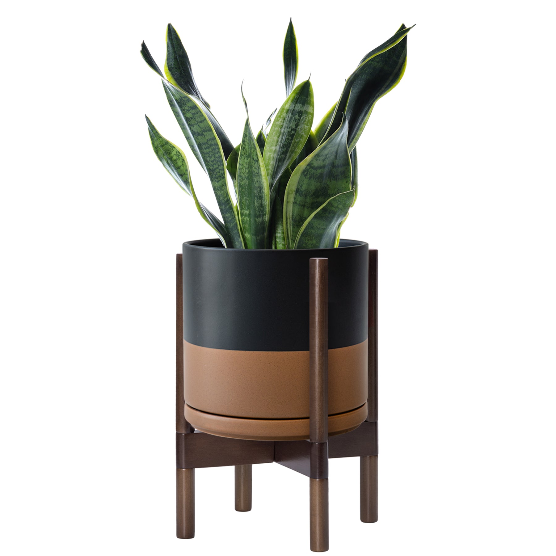 indoor ceramic planter with stand 10" Ceramic Planter with Walnut Color Stand, Black/Speckled Tan