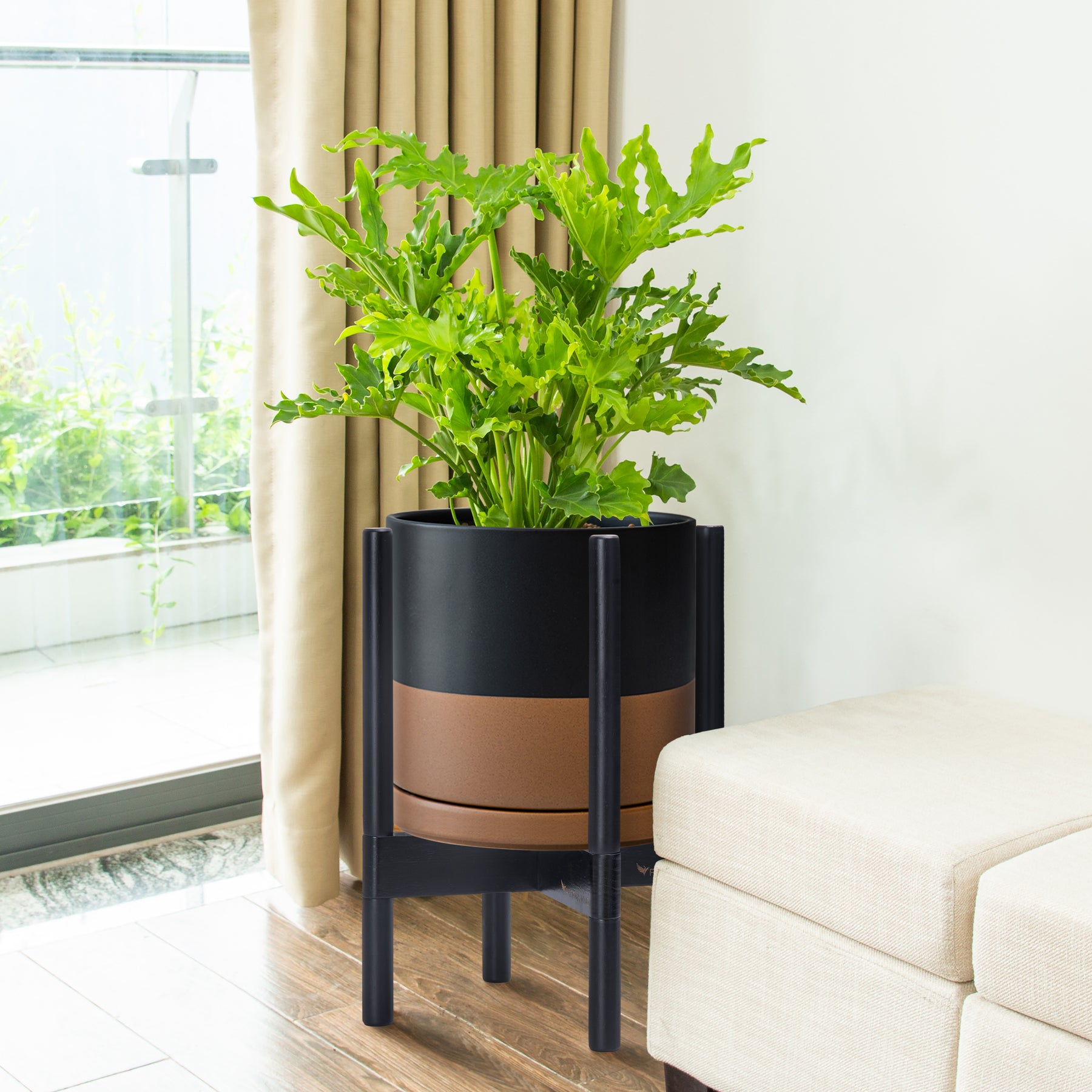 black indoor planter on stand Ceramic Planter with Walnut Color Stand