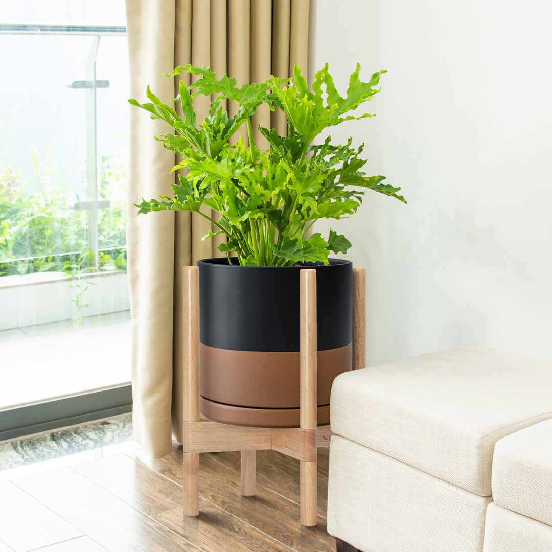mid century modern plant pot and stand Ceramic Planter with Walnut Color Stand