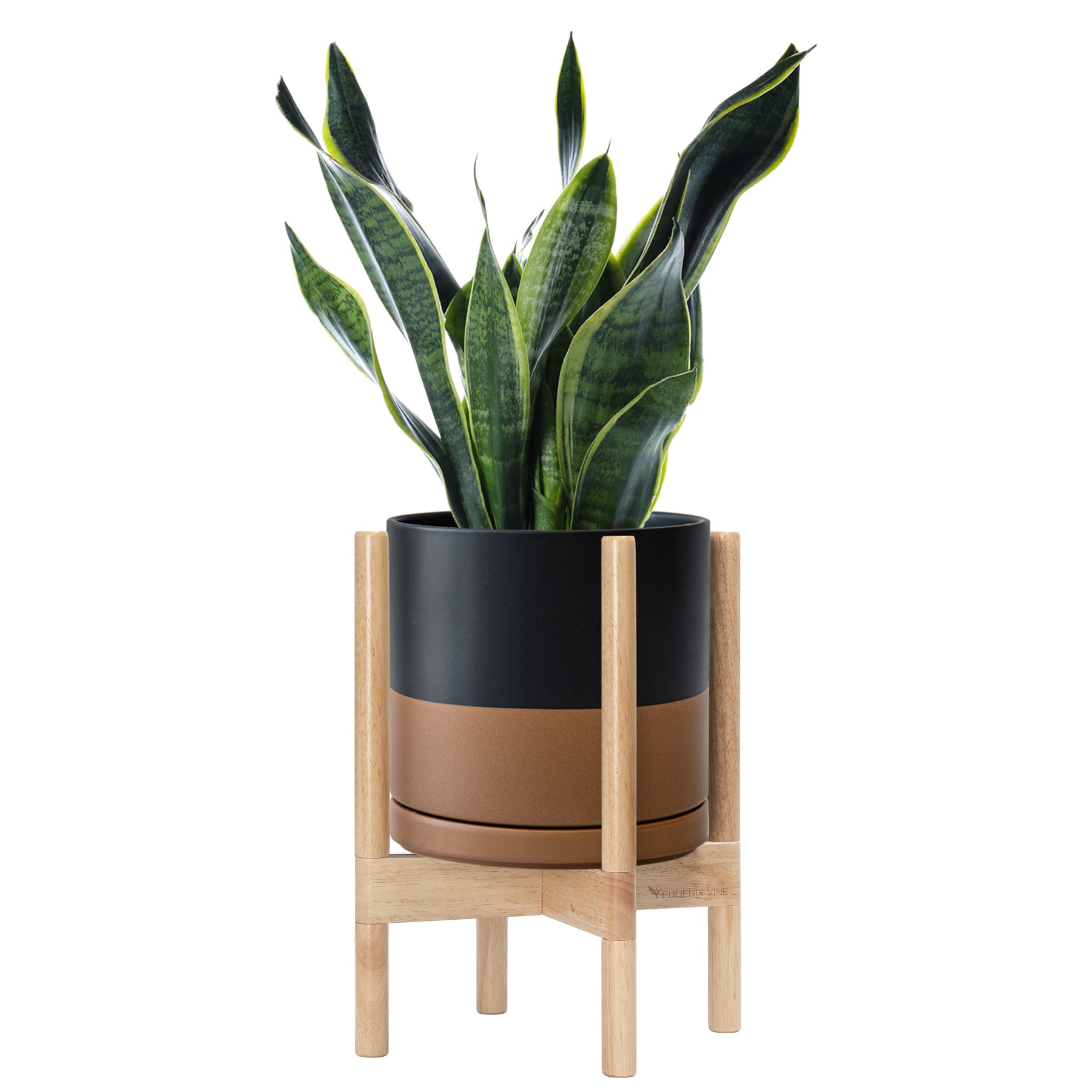 tan plant pot Ceramic Planter with Walnut Color Stand