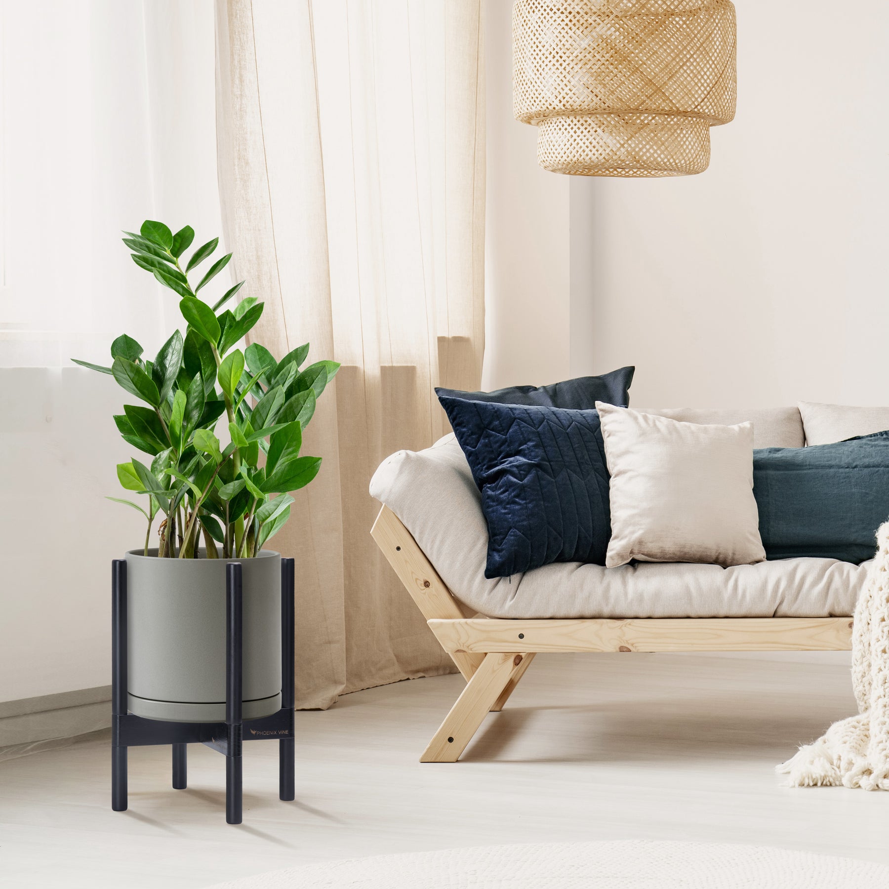 grey indoor plant pots Ceramic Planter with Walnut Color Stand