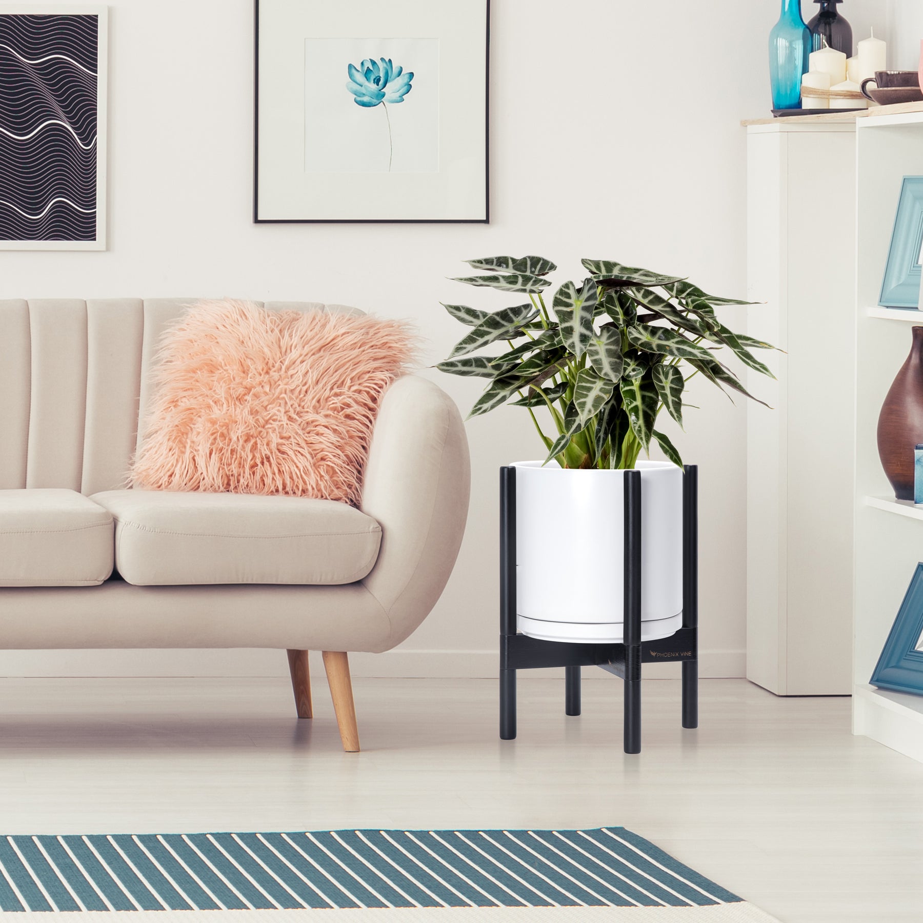 large white indoor planter with stand Ceramic Planter with Walnut Color Stand