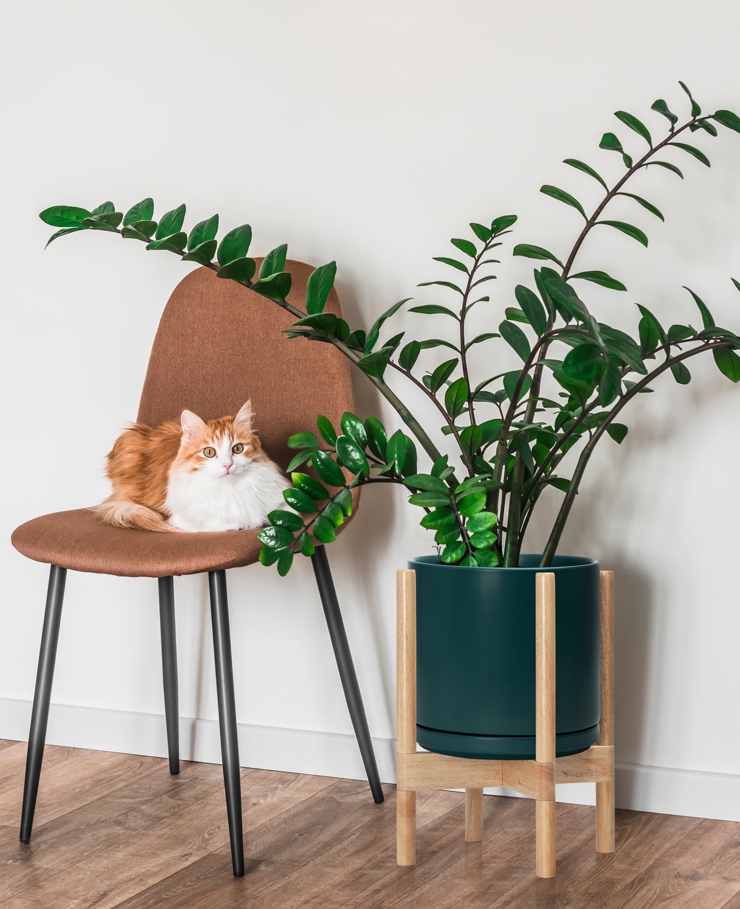 sitting indoor plant pot Ceramic Planter with Walnut Color Stand