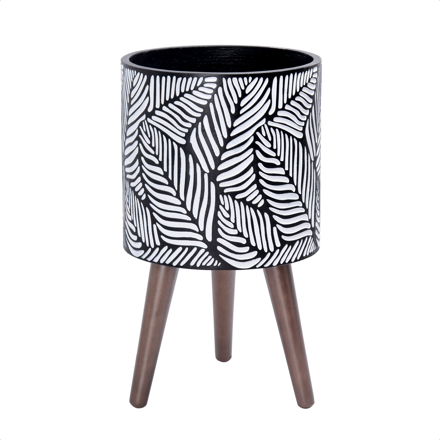 black and white plant pot with stand Planter with Wood Legs, Leaves Pattern, White/Grey, 10 Inch