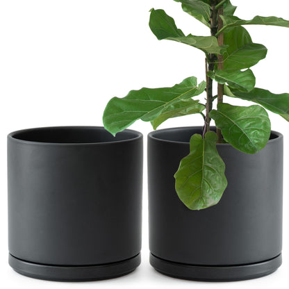 Ceramic Cylinder Pot with Tray, Set of 2, 4 Inch/6 Inch/8 Inch/10 Inch