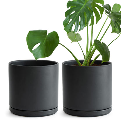 Ceramic Cylinder Pot with Tray, Set of 2, 4 Inch/6 Inch/8 Inch/10 Inch