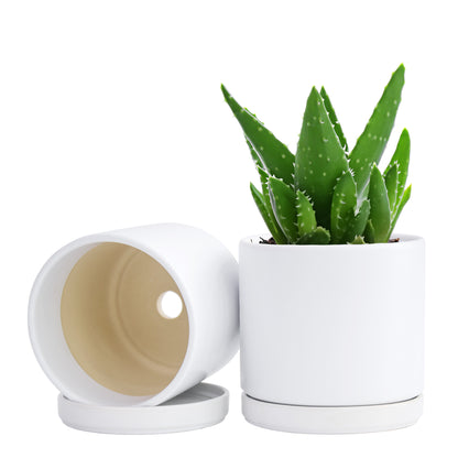 Ceramic Cylinder Pot with Tray, Set of 2, 4 Inch/6 Inch/8 Inch/10 Inch