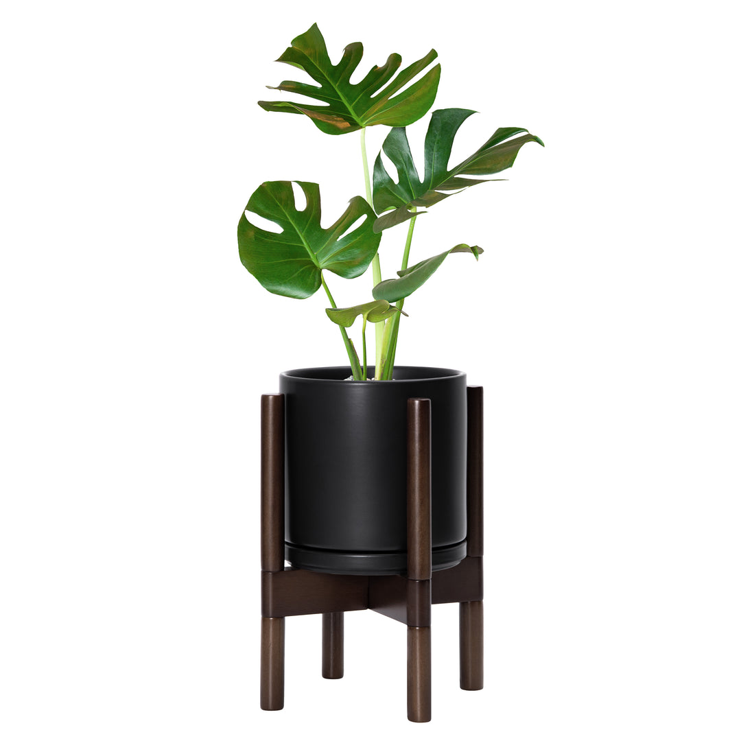 black plant pot with wooden stand 8" Ceramic Planter with Walnut Color Stand, Black