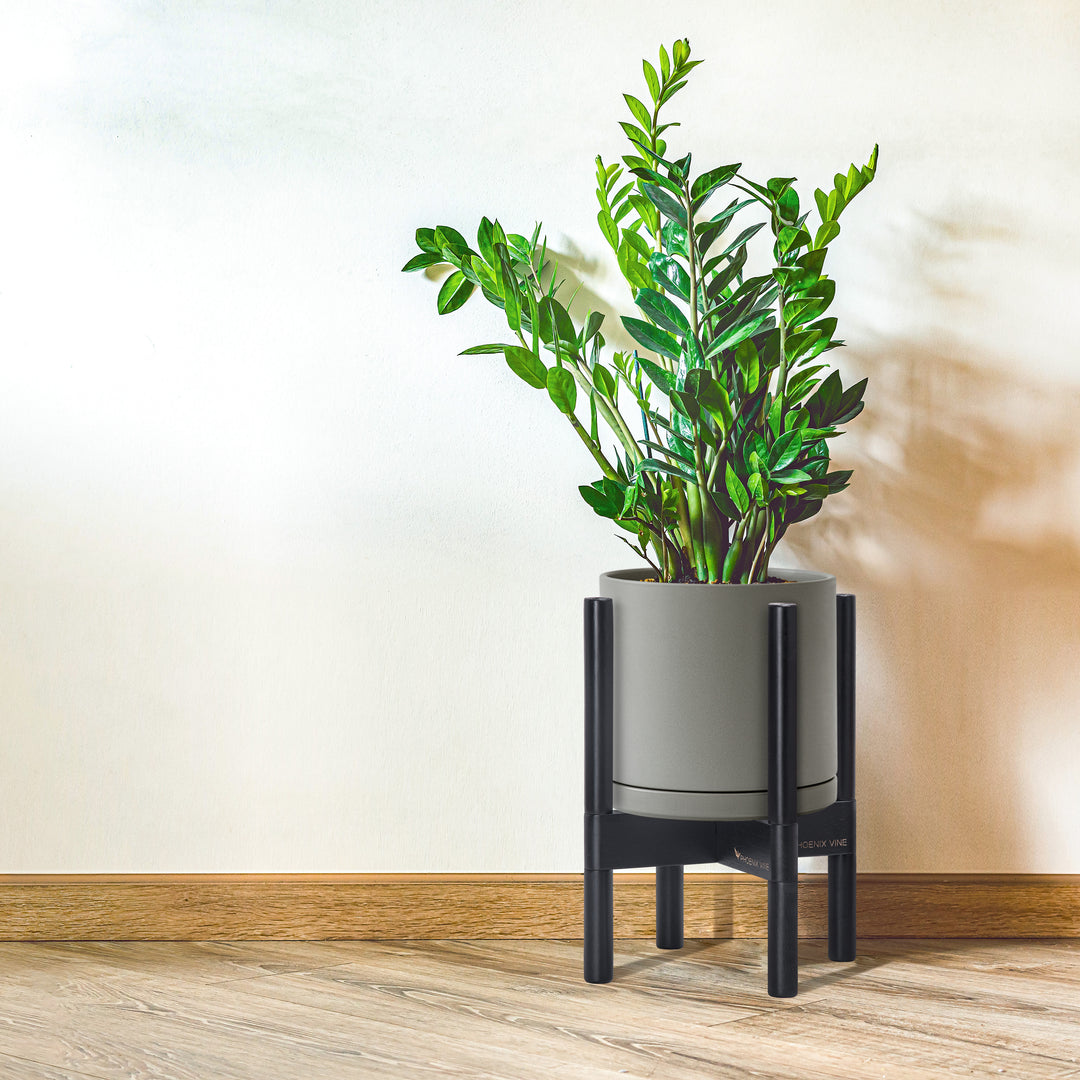 mid century pot planter Ceramic Planter with Walnut Color Stand