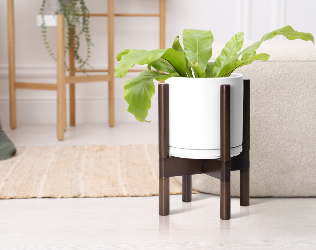 Ceramic Planter with Walnut Color Stand
