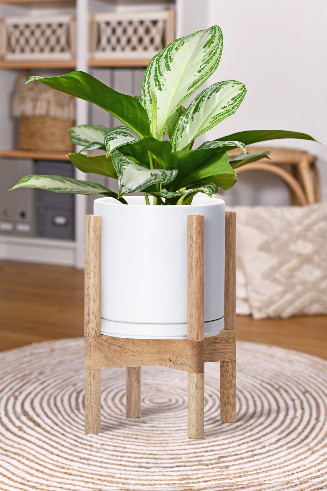 white pot with plant stand 8" Ceramic Planter with Natural Stand, White