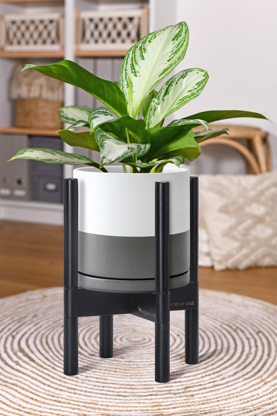 phoenix vine self watering planter Ceramic Planter with Walnut Color Stand
