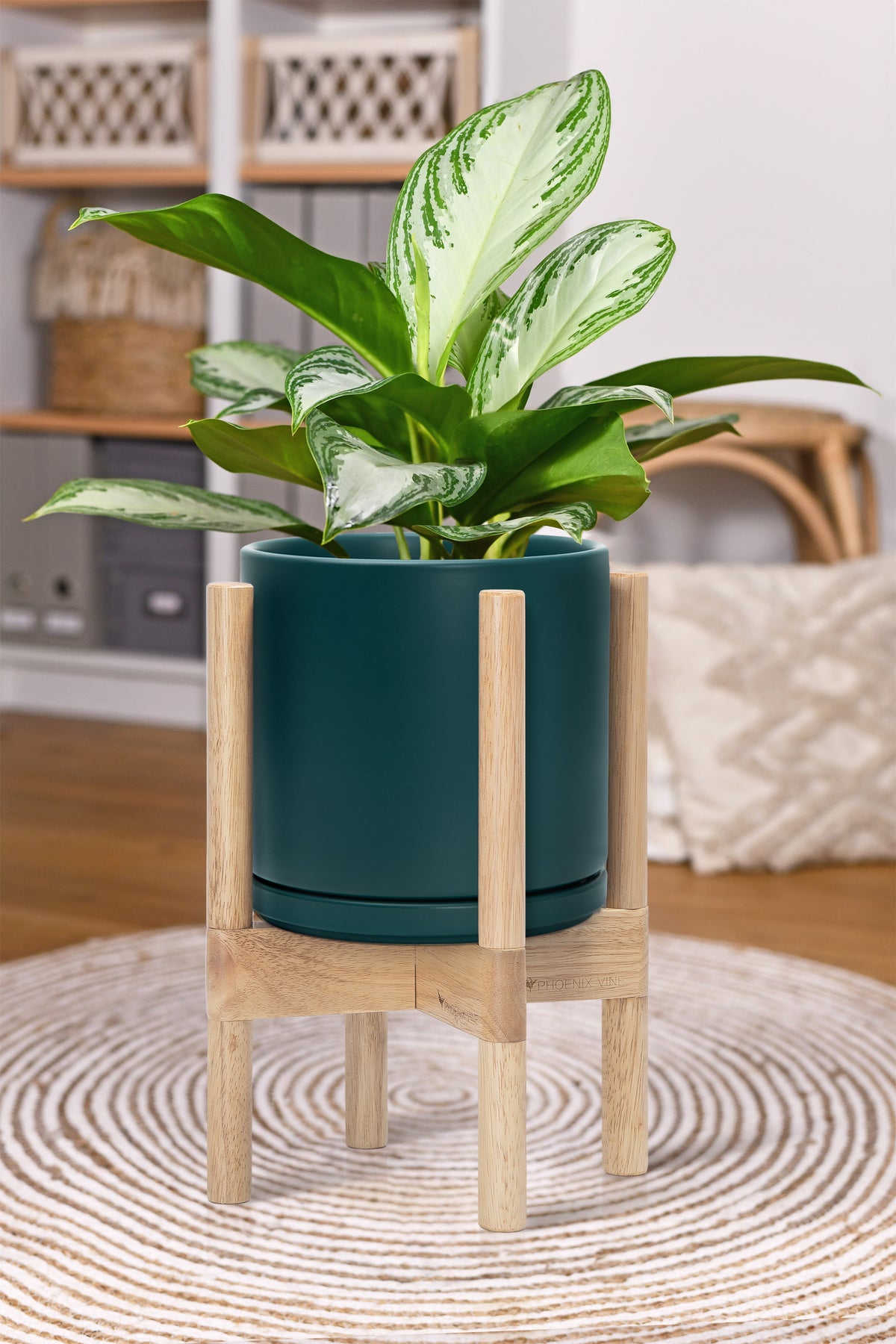teal planter indoor Ceramic Planter with Walnut Color Stand