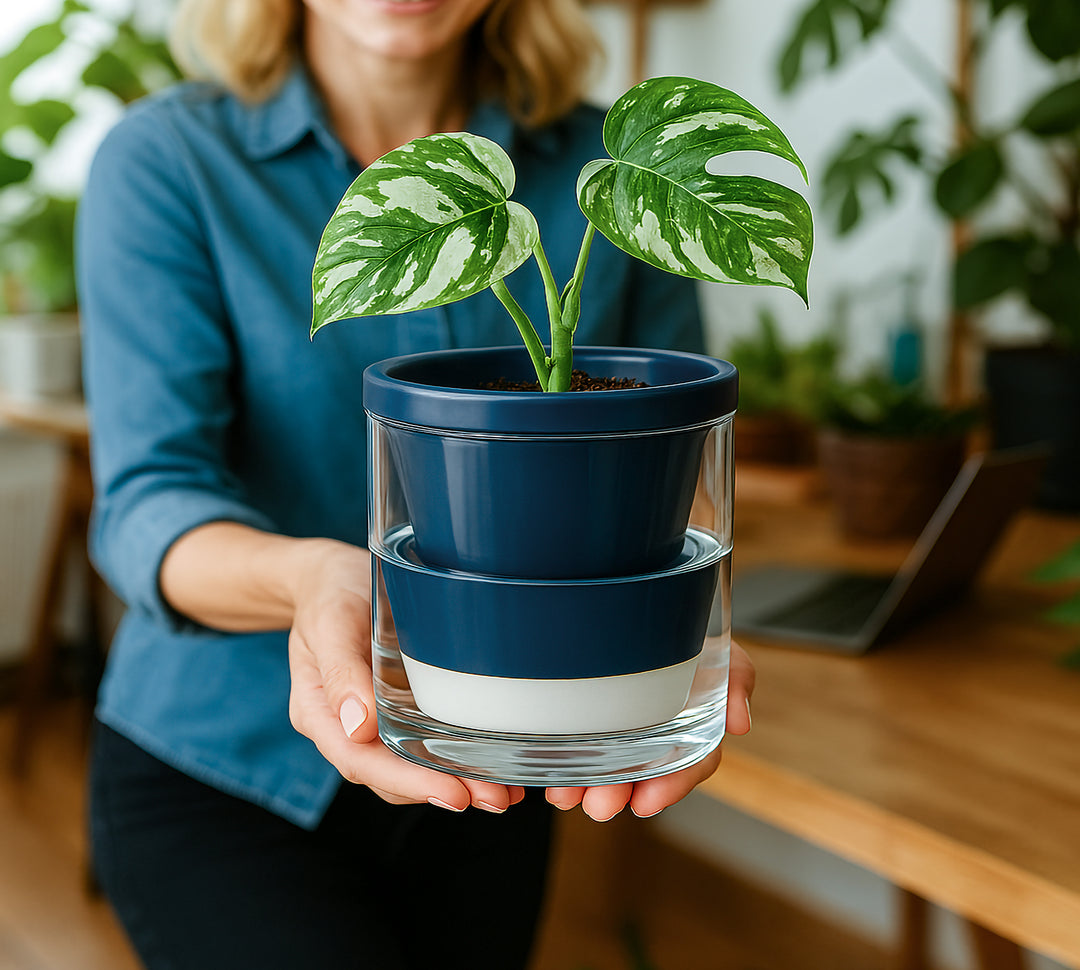 blue self watering planter D'vine Dev Self Watering Pots, Terracotta Planter with Glass Cup – D'VINE  DEV