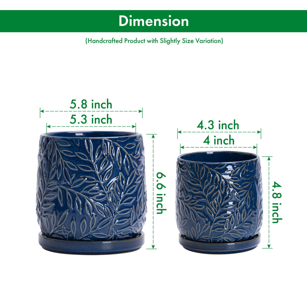 Design Stoneware Pots, Embossed Leaves, Blue, Set of 2  D'VINE DEV