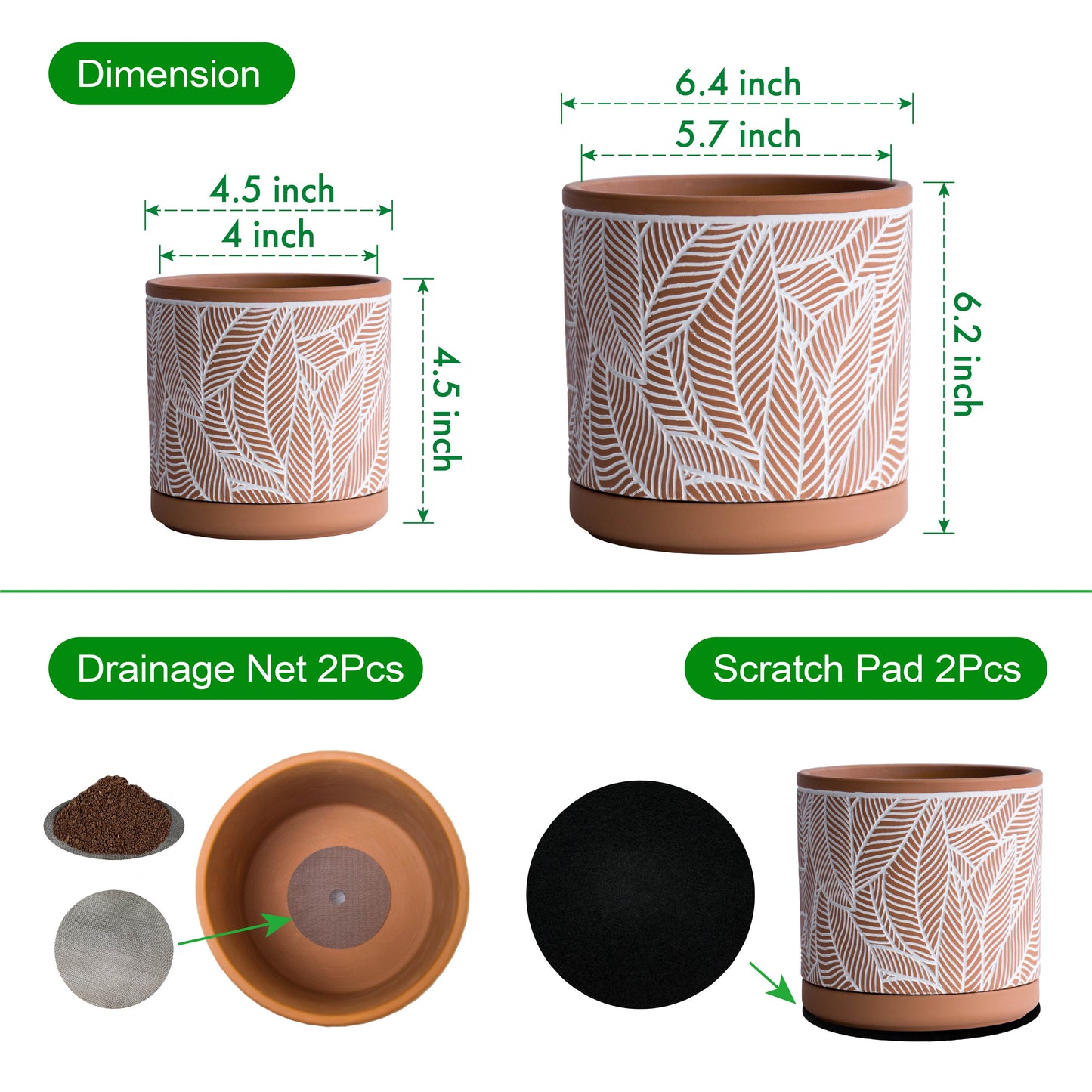 Leaves Pattern Design Planter Pots with Saucer